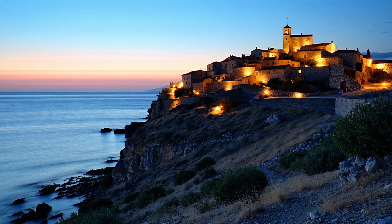 Stone village on a rocky promontory above a calm deep-blue Mediterranean sea at dusk