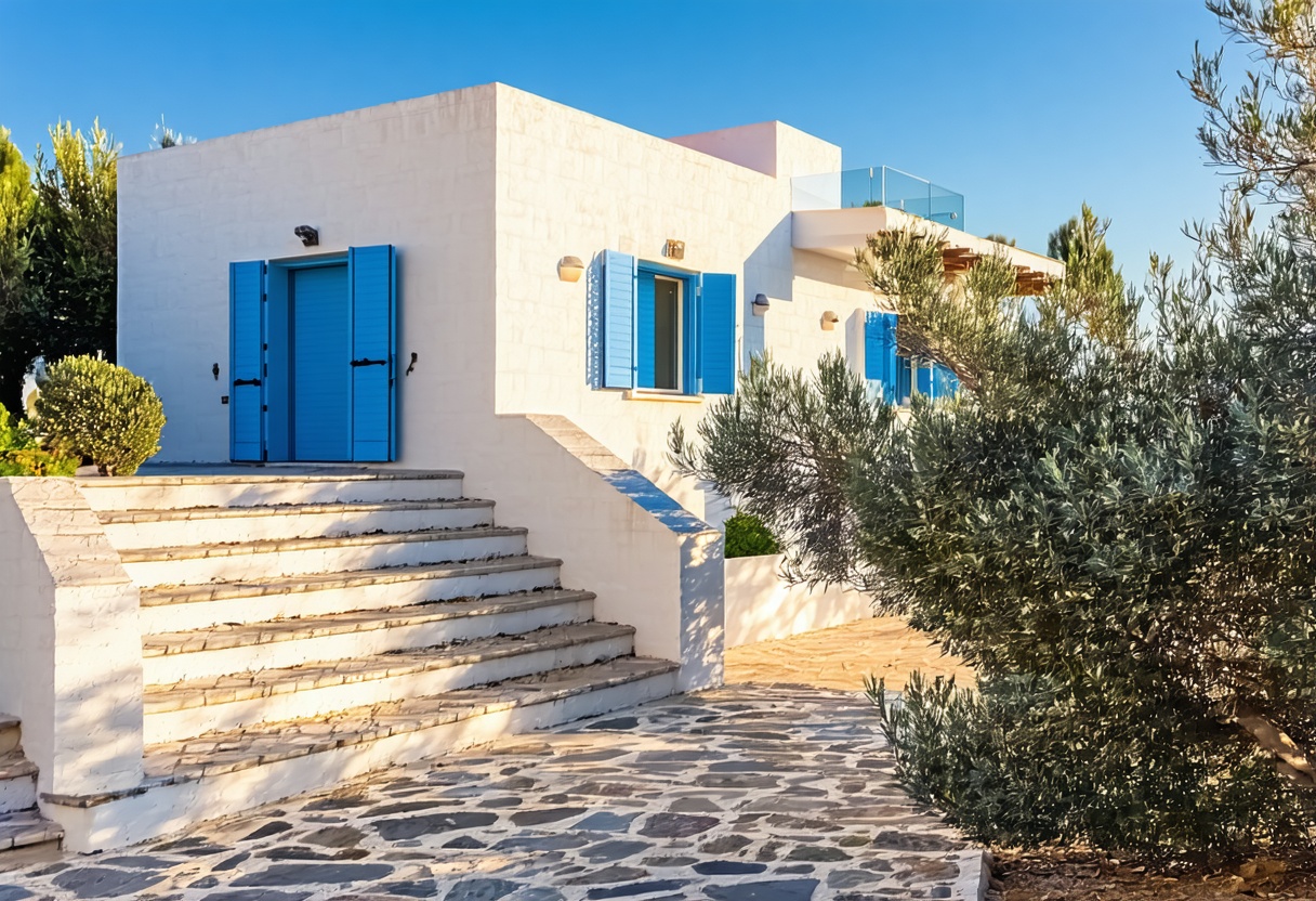 Modern coastal residence with off-white walls, blue shutters, and a stone terrace among olive trees