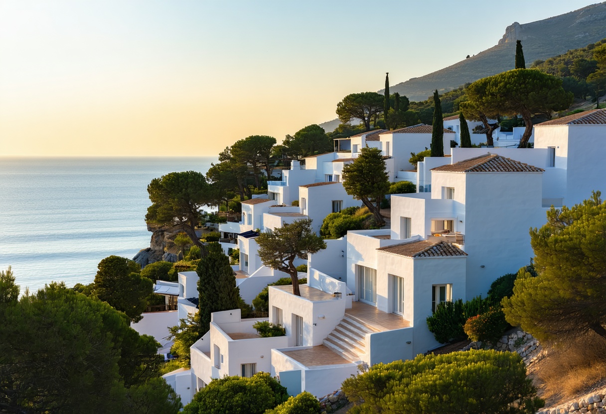 Boutique Mediterranean resort villas stepping down a hillside toward a deep blue sea