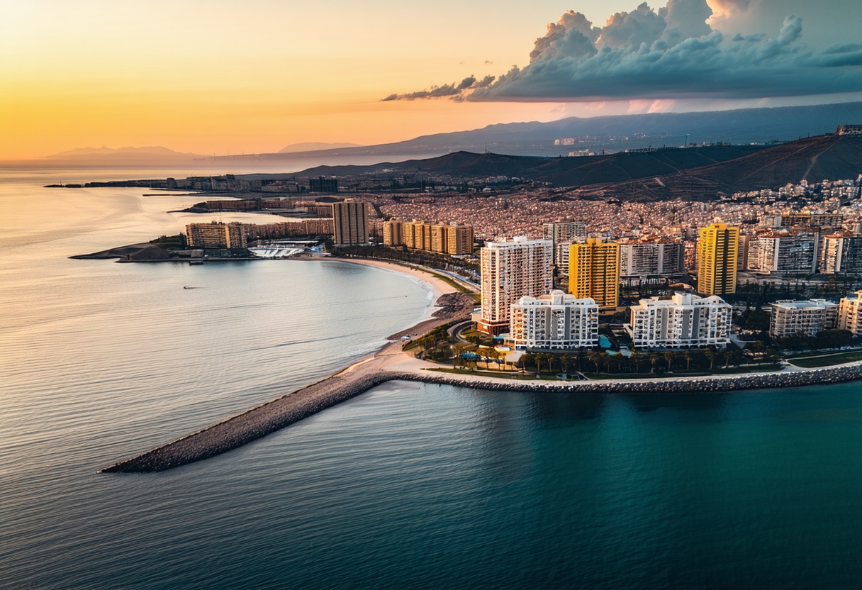 Antalya sahil kenti panoraması, altın saatte geniş açı hava fotoğrafı